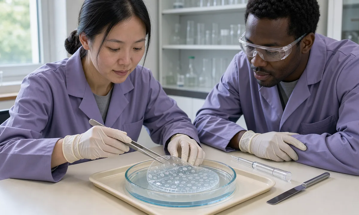 Two laboratory workers examine a clear gel sample beside a culture dish