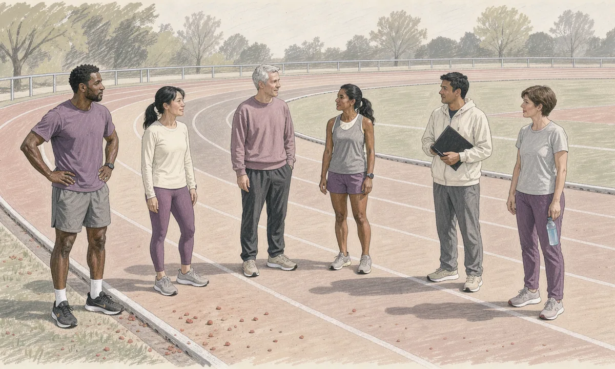 Runners stand beside a track while a sports official holds a closed folder