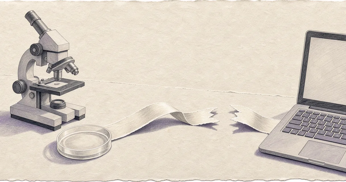 Editorial illustration of a laboratory bench and a distant laptop joined by a partly interrupted paper ribbon